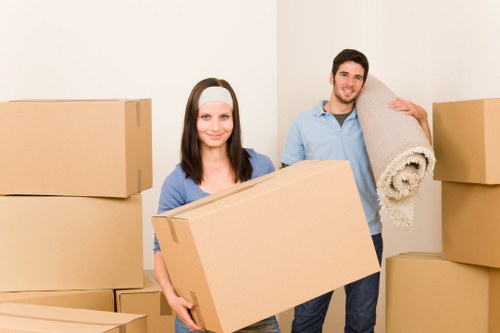 Professional movers carrying packed boxes in a London flat